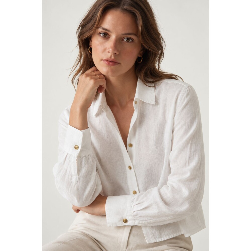 Michael Kors Women L White Linen Blend Button Down Shirt Gold Buttons Coastal